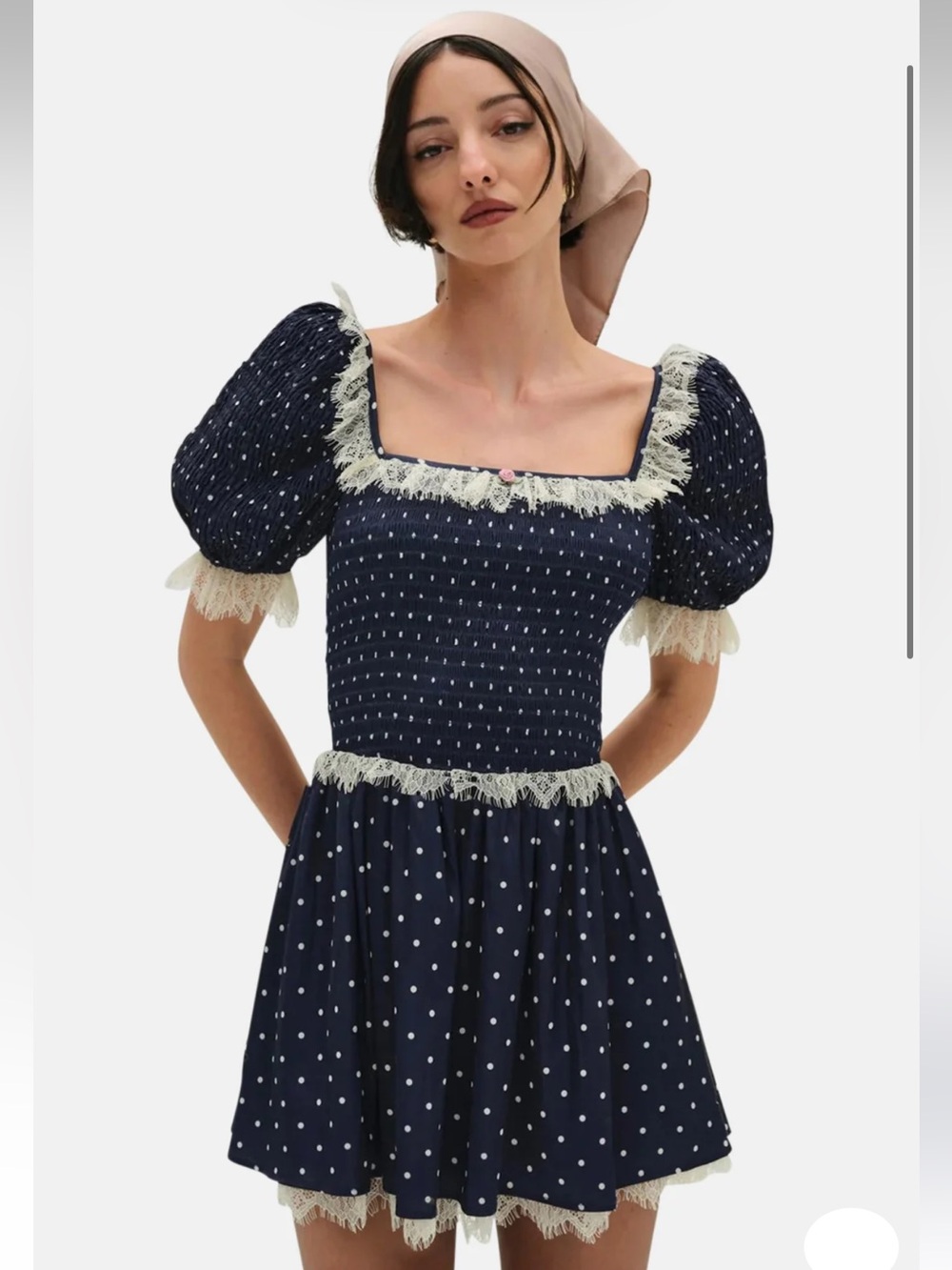 For Love And Lemons Navy Polka Dot Lace-Trim Mini Dress